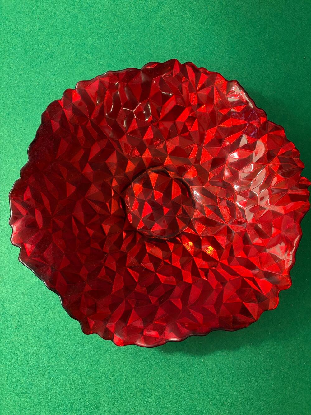 Large cherry red glass geometric flower holiday serving platter bowl